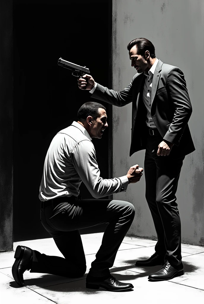 Man threatening another man with a gun, the first man points a gun at the other man's head the barrel of the gun is resting on the other man's head his face is angry. The second is on his knees with his hands tied behind his back awaiting his fate with his eyes closed, his face tense and his teeth clenched., he is shirtless and there are marks of blows on his face he has his head down.
