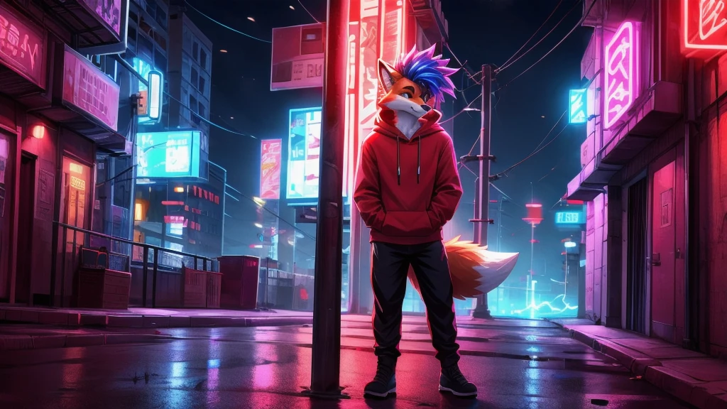 a male red fox with cool hair wearing a red hoodie and black pants holding a katana with neon lights was leaning against an electricity pole in the middle of the city