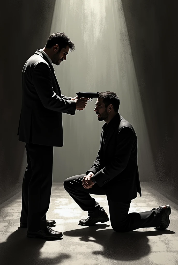 Caucasian male, black fur, closed eyes, elegant black clothes, thrown on the ground, pool of blood, open book on a table, another man, Brown hair, crying facial expression, Kneeling on the floor.