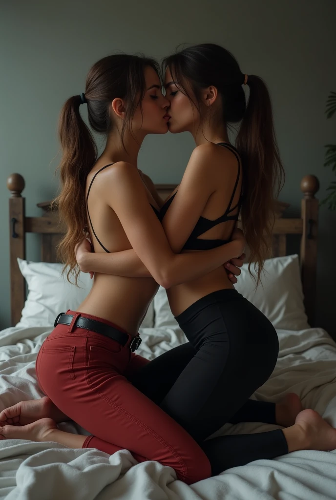 ultra realistic, photography, two girls: one with long straight red hair, 24 years old, hourglass figure, perfect body, natural medium breasts, she is naked, laying in bed on her back with her legs spread wide apart, the other one: long black straight hair, girl, 30 years old, hourglass figure, perfect fit body, natural big breasts, she is naked, she is laying in bed on her stomach with her head between the legs of the redhead and giving her oral sex and her back to the camera