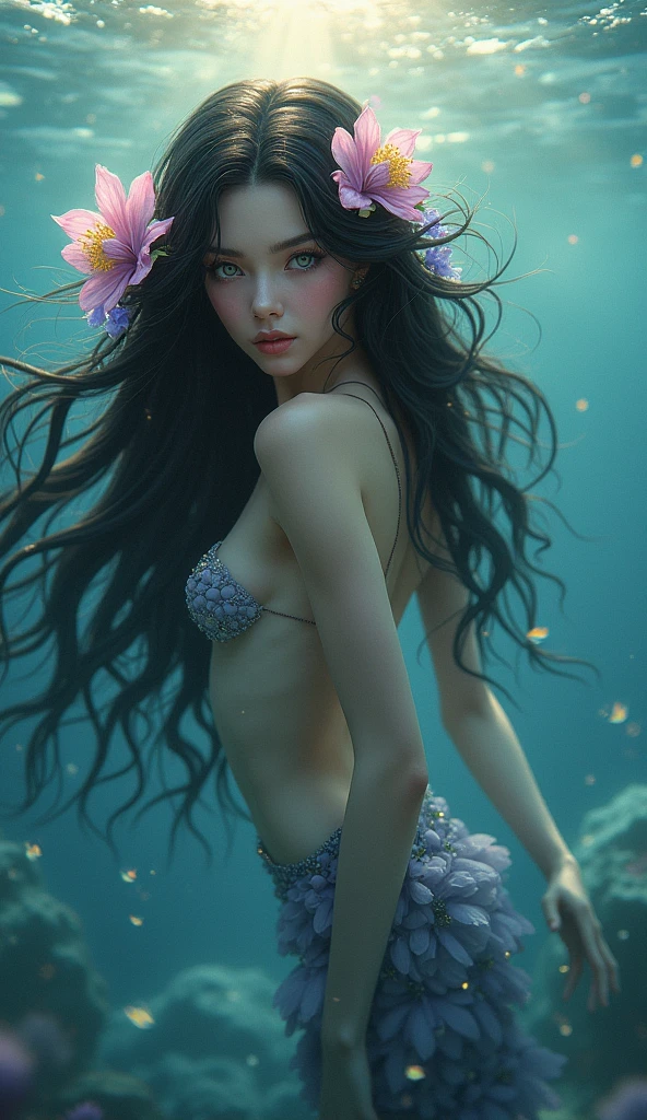 mermaid, black hair adorned with flowers, looking at the camera