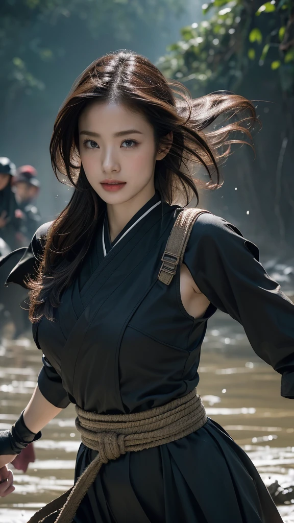 High resolution, Ultra high definition, high quality, masterpiece, woman、30th Generation、Ninja、Center Parting、Large Breasts, Black clothes、Dynamic pose、His face is covered in mud and blood、Battlefields of Japan、Cloudy、The whole area is a sea of fire、クールなwoman、