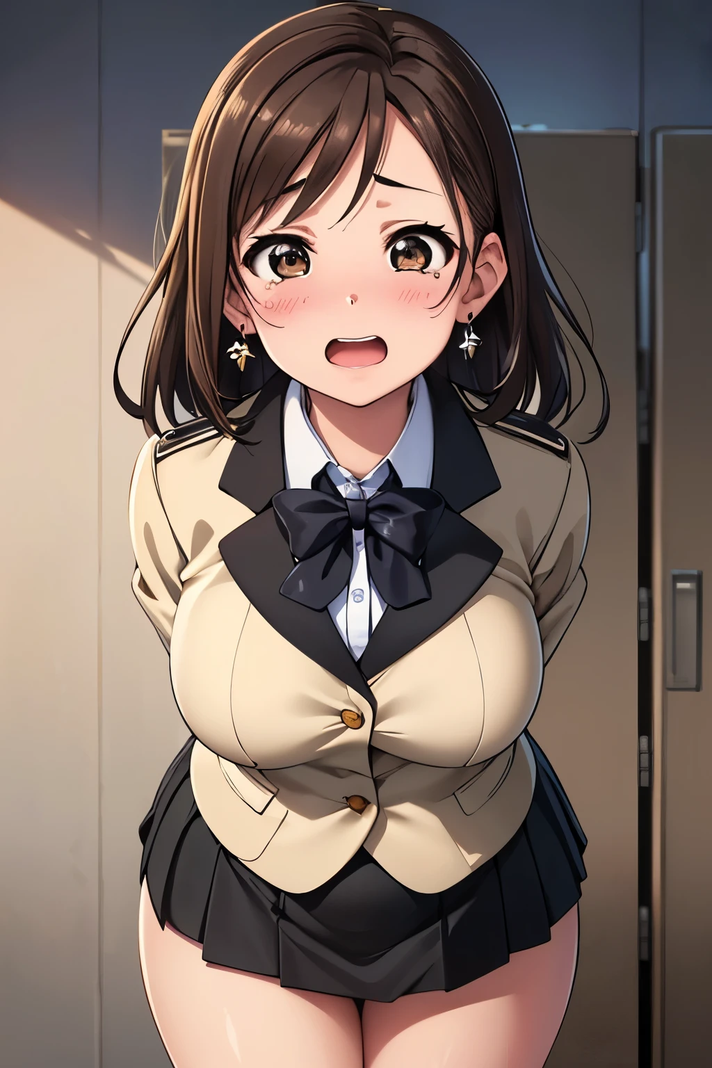  (Maximum resolution:1.2)、(Ultra HD: 1.2), 8k resolution、Highly detailed face and skin texture, Cinematic Light、Perfect figure、Brown eyes、Open your mouth、((Brown hair long:1.2))、((Realistic texture:1.1))、((Large Breasts))、((black student blazer uniform))、Black Mini Skirt、locker room、Big earrings、Plump、((Trembling face:1.2))、Freezing、Arms behind head、Angle from the front