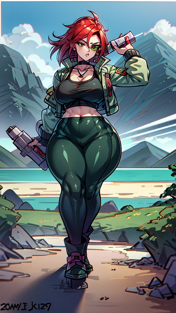 Landscape with mountains, stream, pine trees and cloud, red head with green eyes wearing crop top with jacket and sport pants holding a gun, wearing transparent aviators, raising right eyebrow, thick eyeliner, thick eyebrows, lip filler, eyelashes, choker, Necklace, earrings, saiyan armor, tinted eyewear, saiyan Scouter, full body shot 