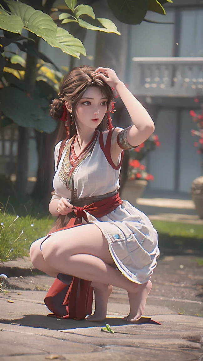 (best quality,4k,8k,highres,masterpiece:1.2),ultra-detailed,realistic, HDR,UHD,girl,sitting,cross-legged,full-body view,beautiful detailed eyes,beautiful detailed lips,extremely detailed eyes and face,long eyelashes,lovely,brown long hair,brown long dress,white thigh-high socks,autumn foliage,forest of maple leaves,atmospheric lighting,vivid colors