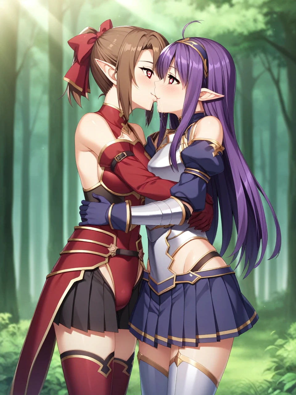 2 girls, 1 futa, 1 female, silicabase, brown hair, short twin tails, red eyes, armor, pleated skirt, thigh-highs, bare shoulders, breastplate, hair ribbon, red clothing
BREAK, smile, heart shaped pupils
outdoors, dense forest, dappled sunlight, depth of field, cinematic, game cg, anime screencap, official art, masterpiece, best quality
yuukibase, purple hair, long hair, red eyes, pointy ears, hairband, armor, breastplate, detached sleeves, leotard, purple skirt, bare shoulders, gloves,
BREAK, full body shot, hugging, looking at each other , standing, kissing, saliva
