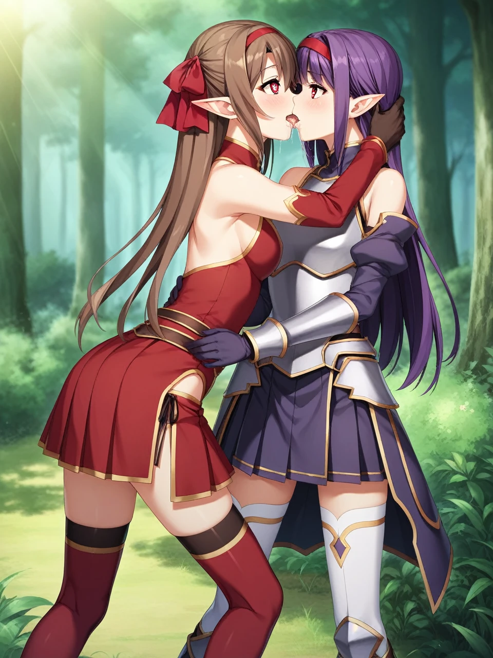 2 girls, 1 futa, 1 female, silicabase, brown hair, short twin tails, red eyes, armor, pleated skirt, thigh-highs, bare shoulders, breastplate, hair ribbon, red clothing
BREAK, smile, heart shaped pupils
outdoors, dense forest, dappled sunlight, depth of field, cinematic, game cg, anime screencap, official art, masterpiece, best quality
yuukibase, purple hair, long hair, red eyes, pointy ears, hairband, armor, breastplate, detached sleeves, leotard, purple skirt, bare shoulders, gloves,
BREAK, full body shot, hugging, looking at each other , standing, kissing, saliva
