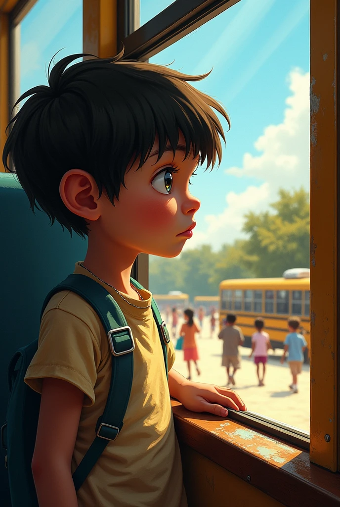 A highly realistic image of a young child, around , standing alone in a schoolyard. It's a sunny day, but the child's posture is slouched, and they are looking down at the ground with a sad expression. Around them, groups of other children are playing, talking, and laughing, but none are interacting with the child. In the background, a few older kids can be seen whispering and pointing at the child, clearly excluding them. The child's clothes are slightly disheveled, and they are holding a backpack tightly to their chest as if seeking comfort. The scene conveys a sense of loneliness and exclusion, highlighting the child's isolation in a place meant for joy and friendship.