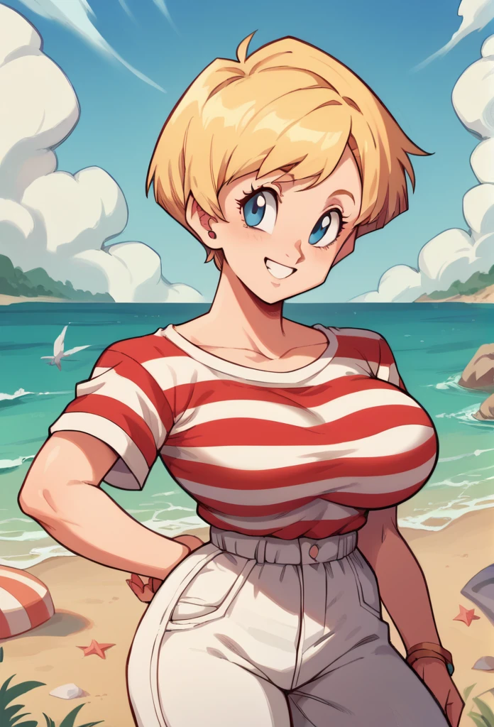 1 , Alone, short hair, blonde hair, Big breasts,high resolution, masterpiece, Anatomically correct, Necessary, high details, blue eyes, Smiling, on the beach, white and red striped blouse, white pants,thick thighs 