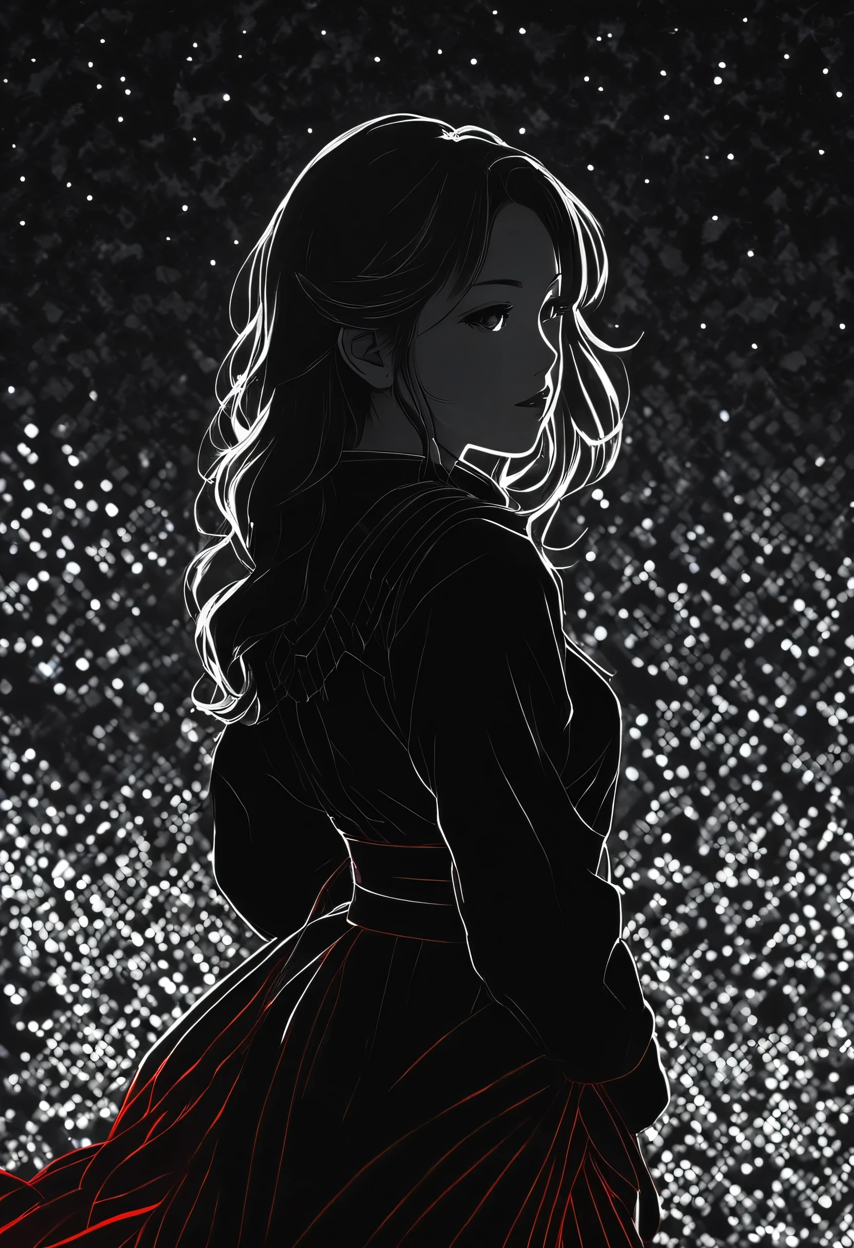 Red pencil shading, Red charcoal drawing, coloring paper, Pencil drawing, Brutal Dark B/w and red color scheme, Silver pattern,
Poster, close, full length, Shadow Puppet Art.(( Beautiful girl lost in thought in the autumn forest)), Realistic, Glow Frame, Backlight colors, silhouette colors, Space Frame, beautiful woman in frame, silhouette, Backlight, bright, Magical Night Sky, figure, Soft, beautiful, Dreamy, Realistic, professional, Simple, Sparkling Night Sky, Very detailedな, Very detailed, figure, Semi-finished sketch, Half Color Sketch, anime, masterpiece, bright colors, High contrast, bright lighting, dark Simple background,