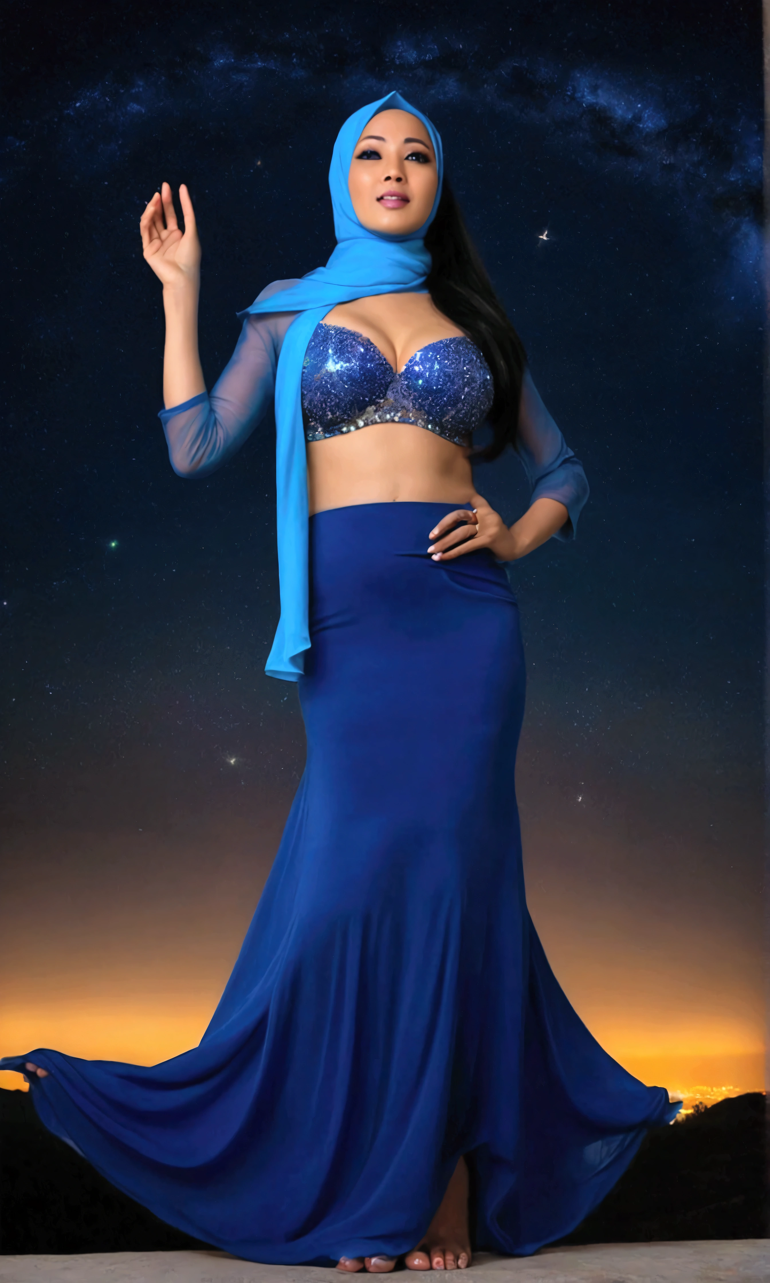 a sexy Malaysian woman (age 40, big breasts, big hips, athletic waist, midriff exposed, bare foot, hijab no hair showing matches outfit, long flowing hair with sparkling stars in it, over large eyes very bright and reflective, airy sheer blue dress with many layers)is dancing through a night sky, in her wake stars and planets are born trailing slowly behind her and drifting out to fill the night sky, celestial being
