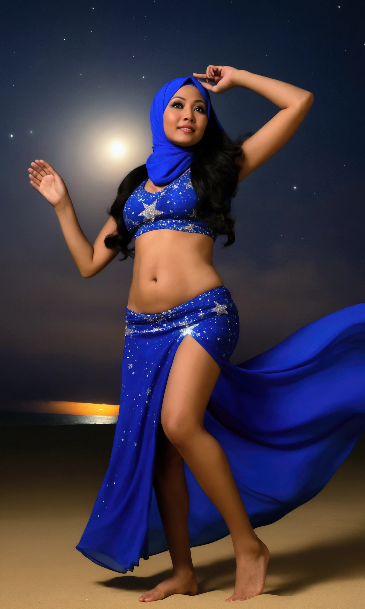 a sexy Malaysian woman (age 40, big breasts, big hips, athletic waist, midriff exposed, bare foot, hijab no hair showing matches outfit, long flowing hair with sparkling stars in it, over large eyes very bright and reflective, airy sheer blue dress with many layers)is dancing through a night sky, in her wake stars and planets are born trailing slowly behind her and drifting out to fill the night sky, celestial being
