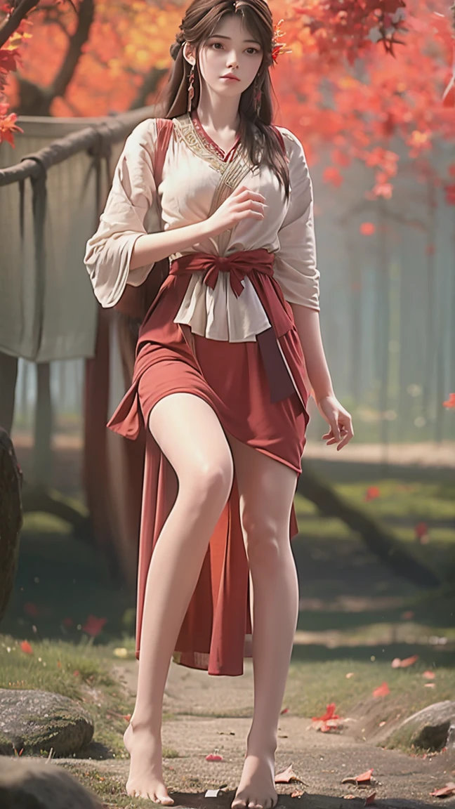 A girl in a dress,Autumn theme,dusk,Maple Forest,Maple leaves everywhere,((Shot in the knee)),(masterpiece、best quality、high resolution),Full body portrait,Full body capture,(Color Background,(Splash of Color)),Sweet girl,curls,Shiny,Splash of Color,Volumetric Lighting,Full breasts, elegant gesture, Sexy slender legs,((barefoot))