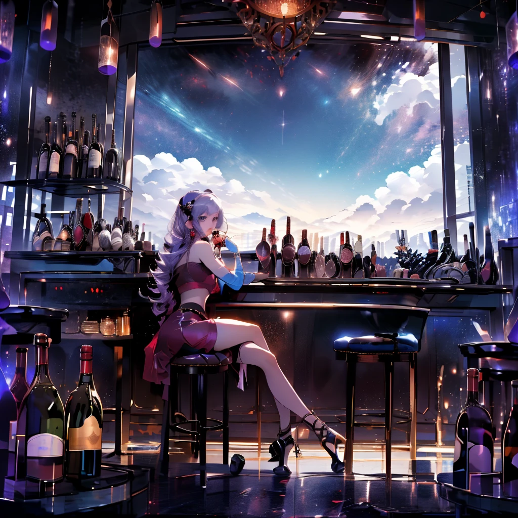 masterpiece, best quality,  bar, wine, long view, fantasy, sky, nightclub 