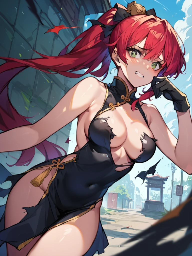 
score_9, score_8_up, score_7_up, score_6_up, source_anime, rating_explicitn, One anime-style woman,(Young woman with red hair and a long ponytail)、黒色のChinese dress、break,Black leather gloves that cover only the hands、break,Chinese dress:0.7、break,Sharp Eye,Long Red Hair、(masterpiece)、(Absurd)、(Super detailed)、Athletic ability、Green Eyes,Embarrassed face,Using Threads、Appeal to the audience、Dark Alley Background、duel、Combat motion pose,exploding clothes, torn clothes, convenient censoring
