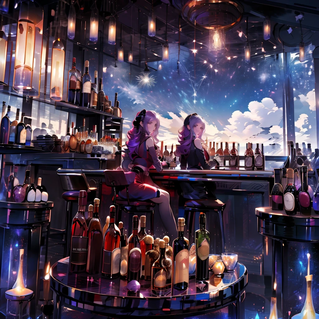 masterpiece, best quality,  bar, wine, long view, fantasy, sky, nightclub 