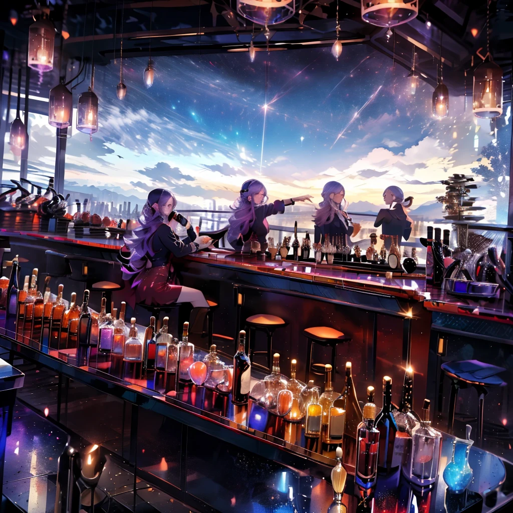 masterpiece, best quality,  bar, wine, long view, fantasy, sky, nightclub 