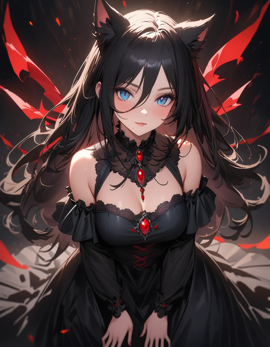 His chest was covered in blood、Anime girl with blood dripping from her chest, Gothic girl anime girl, gapmoe Yandere grimdark, Devil anime girl, Shatia Bradfren, Bad guy anime 8k, Yandere intricate, portrait gapmoe Yandere grimdark, Vampire Girl, bloody + Concept Art, Yandere, Anime style 4K, Detailed digital anime art