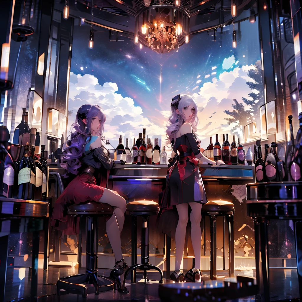 masterpiece, best quality,  bar, wine, long view, fantasy, sky, nightclub 