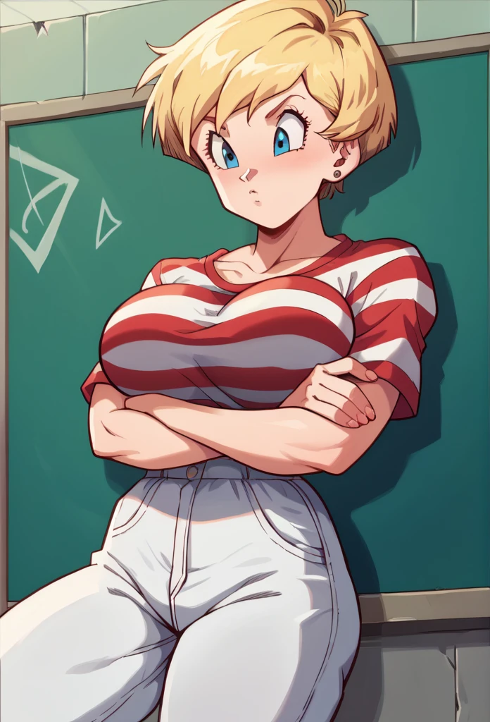 1 , Alone, short hair, blonde hair, Big breasts,high resolution, masterpiece, Anatomically correct, Necessary, high details, blue eyes, Provocative look, on the School, white and red striped blouse, white pants,thick thighs 