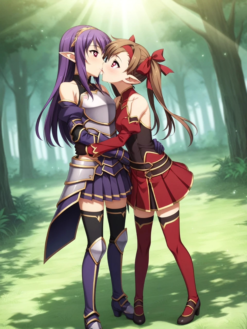 2 girls, 1 futa, 1 female, silicabase, brown hair, short twin tails, red eyes, armor, pleated skirt, thigh-highs, bare shoulders, breastplate, hair ribbon, red clothing
BREAK, smile, heart shaped pupils
outdoors, dense forest, dappled sunlight, depth of field, cinematic, game cg, anime screencap, official art, masterpiece, best quality
yuukibase, purple hair, long hair, red eyes, pointy ears, hairband, armor, breastplate, detached sleeves, leotard, purple skirt, bare shoulders, gloves,
BREAK, full body shot, hugging, looking at each other , standing, kissing, saliva
