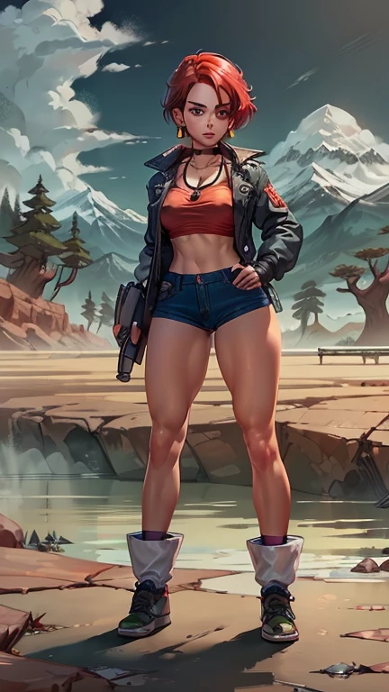 Landscape with mountains, stream, pine trees and cloud, red head with green eyes wearing crop top with jacket and denim shorts, holding an ak47, raising right eyebrow, dark eyeliner, beautiful eyebrows, lip filler, eyelashes, choker, Necklace, earrings, tinted eyewear, saiyan Scouter, full body shot, six pack abs 