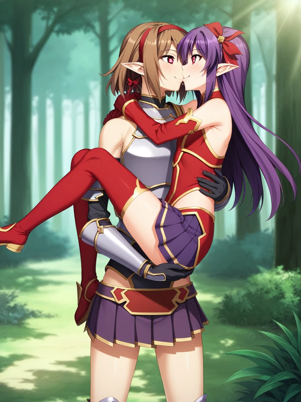 2 girls, 1 futa, 1 female, silicabase, brown hair, short twin tails, red eyes, armor, pleated skirt, thigh-highs, bare shoulders, breastplate, hair ribbon, red clothing
BREAK, smile, heart shaped pupils
outdoors, dense forest, dappled sunlight, depth of field, cinematic, game cg, anime screencap, official art, masterpiece, best quality
yuukibase, purple hair, long hair, red eyes, pointy ears, hairband, armor, breastplate, detached sleeves, leotard, purple skirt, bare shoulders, gloves,
BREAK, full body shot, hugging, looking at each other , carrying, kissing, saliva
