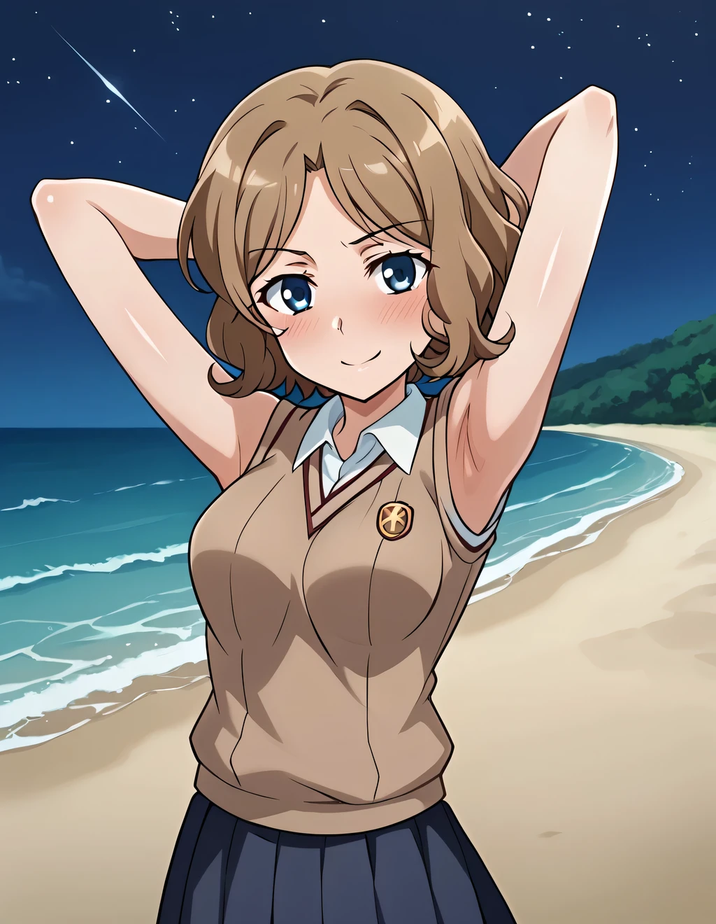 wannai kinuho, source anime, light-brown hair, short hair, parted bangs, wavy hair, blue-grey eyes, medium breasts, brown sweater vest, pleated skirt, short sleeves, shiny skin, high quality, solo, shy, blushing, 1girl, night sky, beach, arms behind head, {contrapposto}, closed mouth, spread armpits, cowboy shot, looking at viewer, smile, best quality