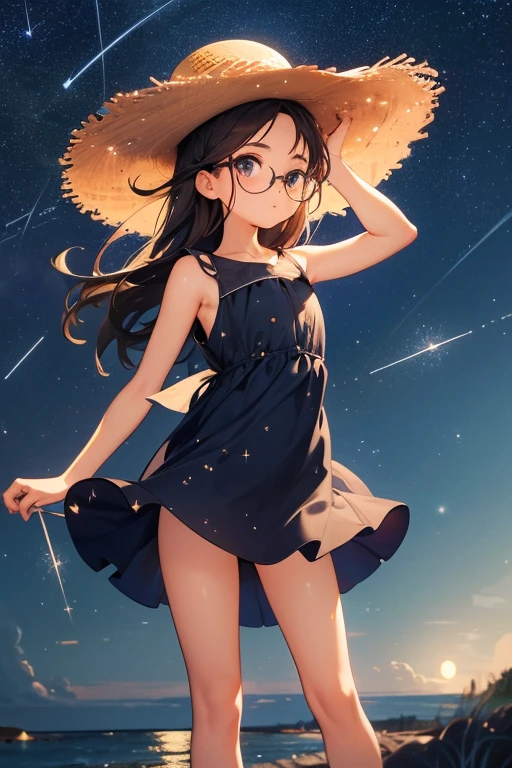 Best Quality，masterpiece，High sensitivity，High resolution，Detailed Description，Very slim ，Very short stature，Flat Chest，Very thin thighs，baby face glasses，Straw hat，Sleeveless dress，Balloons in hand，A strong wind is blowing，Early Autumn，(sea:1.3)，(Starry Sky:1.3)，Big Moon，