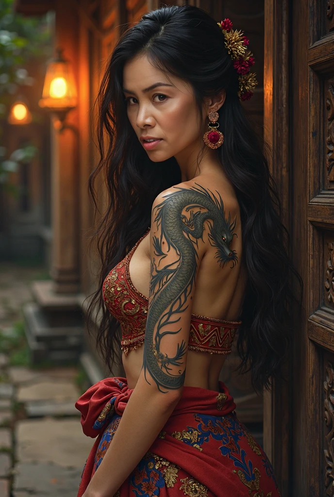 An ancient Chinese beauty, charming temperament, flowing long skirt, clear face, beautiful eyes, osmanthus surrounding, perfect body structure proportional masterpiece, super detailed, epic composition, color tattoo art, new traditional tattoo art, SD tattoo design, color tattoo art, mysterious warm and friendly atmosphere, hyper-realistic painting, super HD, high quality, highest quality, 32k --v 6