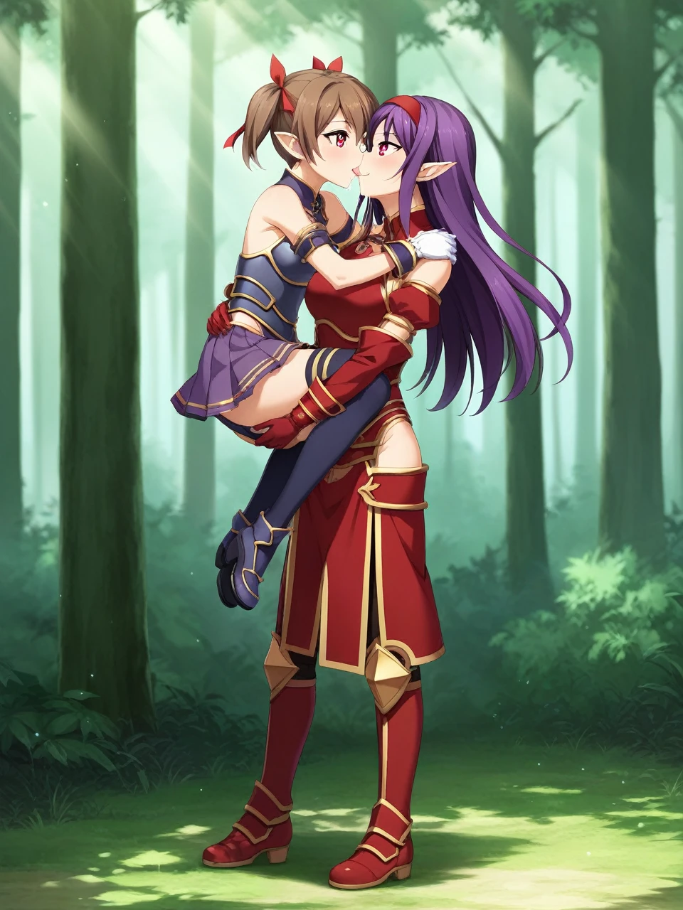 2 girls, 1 futa, 1 female, silicabase, brown hair, short twin tails, red eyes, armor, pleated skirt, thigh-highs, bare shoulders, breastplate, hair ribbon, red clothing
BREAK, smile, heart shaped pupils
outdoors, dense forest, dappled sunlight, depth of field, cinematic, game cg, anime screencap, official art, masterpiece, best quality
yuukibase, purple hair, long hair, red eyes, pointy ears, hairband, armor, breastplate, detached sleeves, leotard, purple skirt, bare shoulders, gloves,
BREAK, full body shot, hugging, looking at each other , carrying, kissing, saliva
