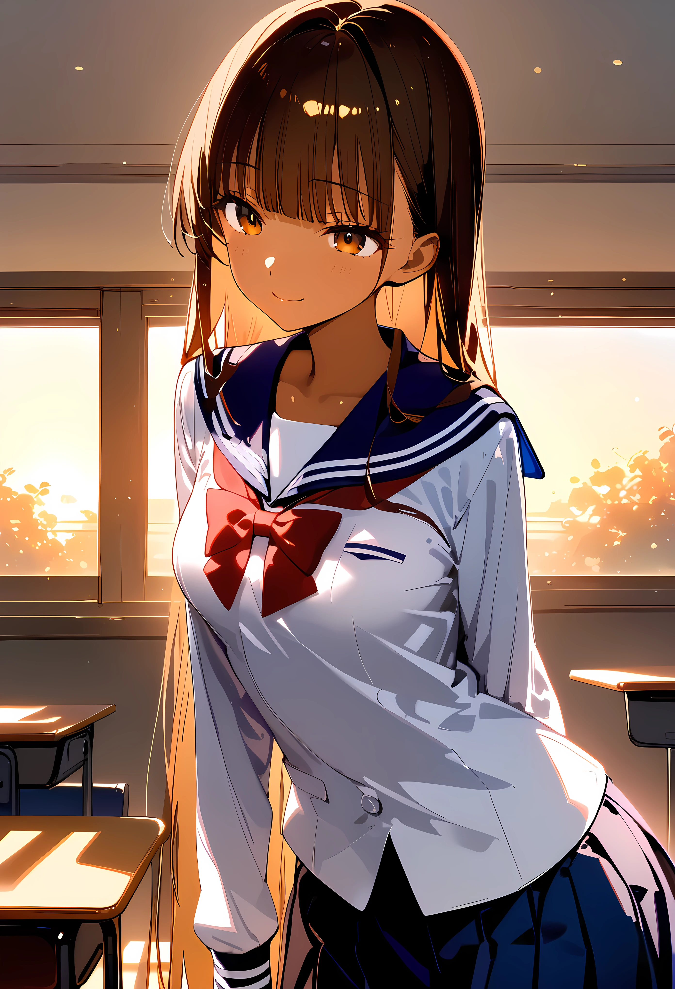 ((masterpiece,best quality anime:1.3,Best Quality)),cowboy shot,portrait,1woman,(young adult),long straight hair,bangs,brown hair,((very small head:1.4)),brown eyes,gorgeous eyes,shy,smile,medium breasts,((very long body:1.4,tan skin)),(School uniform、White sailor suit、Long sleeve、Navy blue sailor collar、red bow,Navy blue pleated skirt),slender body,skinny,shiny body,standing,Simple desk、classroom、School,Sunset shining through the window、