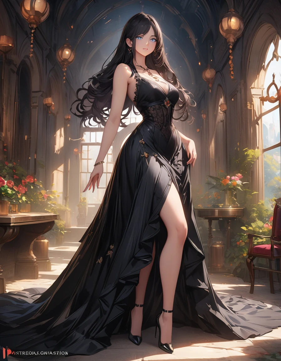 4K, high resolution, Best quality, Masterpiece, perfect colors, perfectly shaded, Perfect lighting, anthro, Female, 157 cm tall, Hourglass waist, large bust. and large hips, brown eyes, long black hair. Honey yellow skin, Black turtleneck, tight black mini skirt