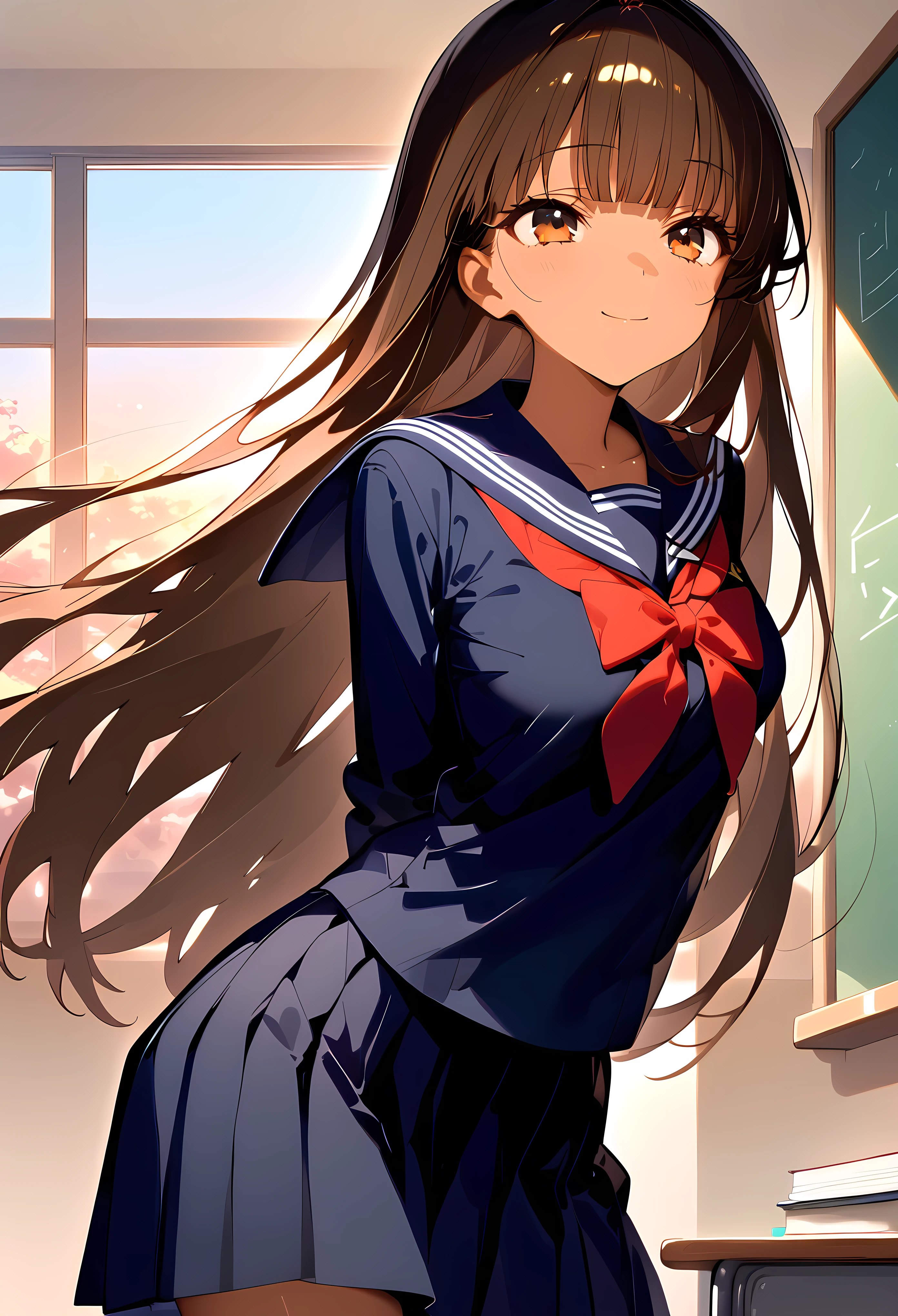 ((masterpiece,best quality anime:1.3,Best Quality)),cowboy shot,portrait,1woman,(young adult),long straight hair,bangs,brown hair,((very small head:1.4)),brown eyes,gorgeous eyes,shy,smile,medium breasts,((very long body:1.4,tan skin)),(School uniform、Sailor suit、Navy blue sailor collar、red bow,Navy blue pleated skirt),slender body,skinny,shiny body,standing,Simple desk、classroom、School,Sunset shining through the window、