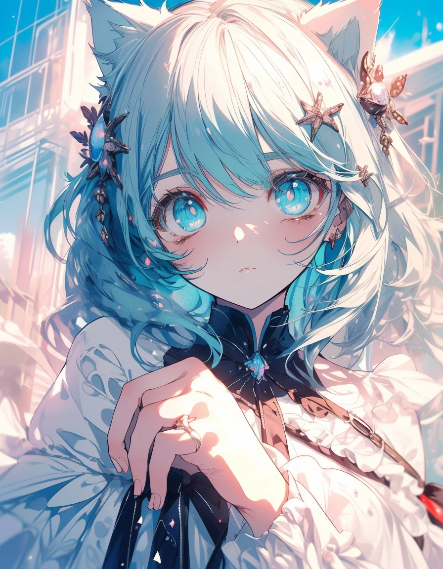 mountain ((masterpiece, best quality:1.5)), ((Beautiful detailed cat aqua eyes:1.2)), cat ears, pale skin, medium breasts, beautiful hands, beautiful fingers, EasyNegative