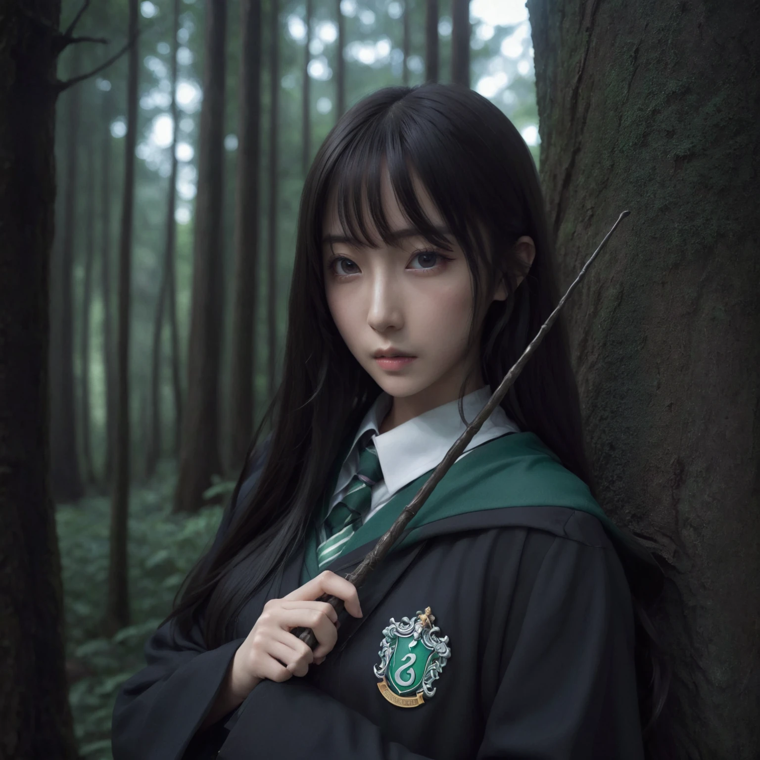 there is a young girl holding a wand in a forest, realistic cosplay slytherin uniform from hogwarts harry potter, artwork in the style of guweiz, guweiz, anime girl in real life, photorealistic anime, realistic fantasy photography, hogwarts scenario forest dark forest  anime girl cosplay, ross tran 8 k, yanjun chengt, hyper realistic anime, realistic anime 3 d style, anime style mixed with fujifilm