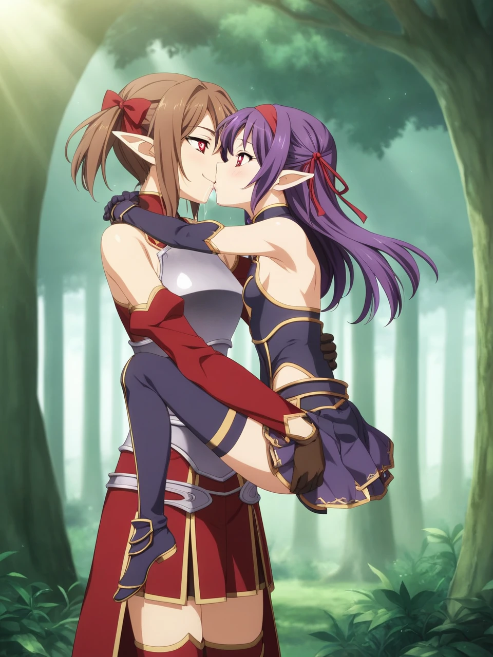 2 girls, 1 futa, 1 female, silicabase, brown hair, short twin tails, red eyes, armor, pleated skirt, thigh-highs, bare shoulders, breastplate, hair ribbon, red clothing
BREAK, smile, heart shaped pupils
outdoors, dense forest, dappled sunlight, depth of field, cinematic, game cg, anime screencap, official art, masterpiece, best quality
yuukibase, purple hair, long hair, red eyes, pointy ears, hairband, armor, breastplate, detached sleeves, leotard, purple skirt, bare shoulders, gloves,
BREAK, full body shot, hugging, looking at each other , carrying, kissing, saliva
