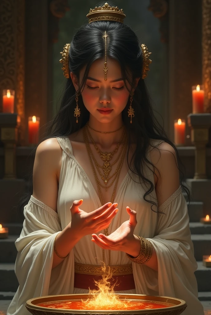 A regal princess with a beautiful, yet troubled appearance, covered in itching sores, scabs, and foul-smelling boils. She kneels in a dramatic, ancient temple, surrounded by celestial, ethereal light. Her face shows a deep plea for strength to the divine deity, Hyangkersa. The scene is cinematic and hyper-detailed, with bright lighting illuminating her desperate expression and the surrounding mystical architecture. Rendered in ultra-sharp 8k UHD quality.