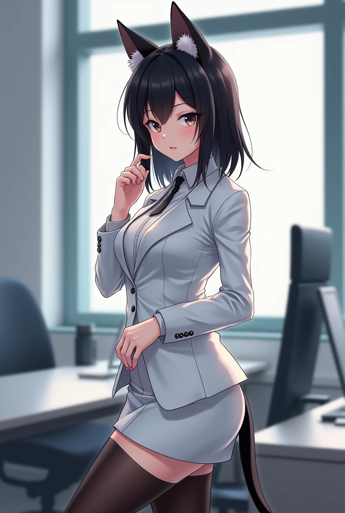 1girl, black hair, medium hair, 2 long braids, blue eyes, half-closed eyes, seductive smile, office lady, night time, lamp light,