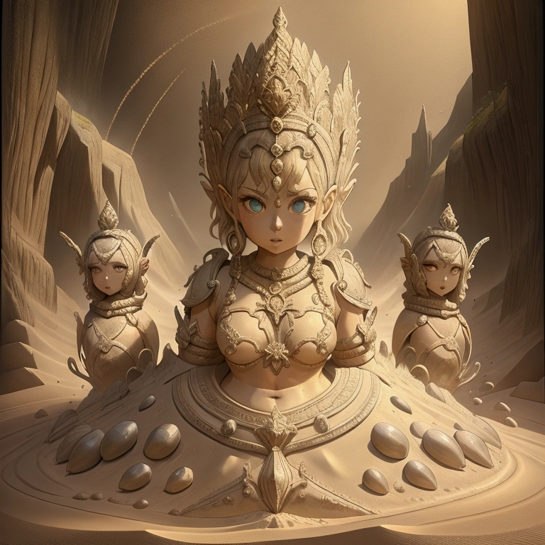 female, golem, sexy, fighting, wild hairstyle, fantasy steppe background, well-toned abs, swirling sand, 