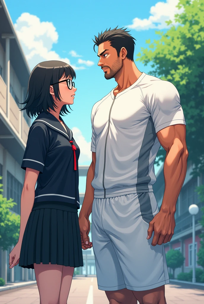 A man in a white gym suit talking to a woman with glasses and short hair in a black Japanese school uniform. Japanese anime.