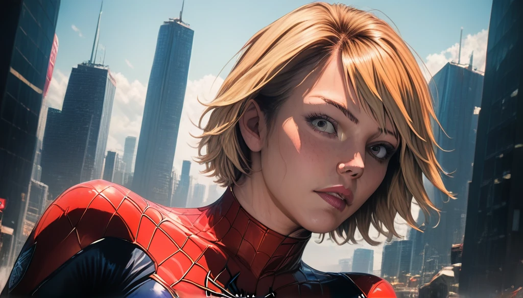 score_9,score_8_up,score_7_up,score_6_up,score_5_up,score_4_up, solo, 1girl, heather_mason, blonde hair, short hair, wearing spiderman suit ,spiderman logo, new york city, (hyperdetailed, highest detailed:1.2), high resolution textures, (photorealistic:1.5), (beautifull  girl:1.5), (perfect ilumination:1.5)