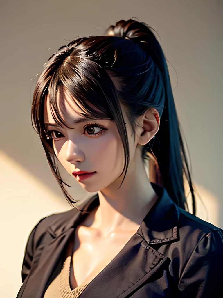 masterpiece, Best Quality, High resolution,Alone, Accurate human body、Correct 5 fingers,Close-up of a woman wearing a brown short jacket and holding a gun,ponytail,Revy Black Lagoon, Revy from Black Lagoon, female anime characters, Villain Anime Girl, Nervous age Assassin, female action anime girl, Female protagonist, Uniform soft illumination, Shadows are minimal, Quiet and tranquil atmosphere, Front View, Shallow depth of field, Well-balanced exposure