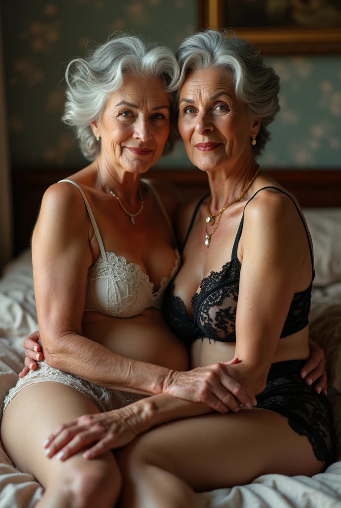 Two busty older grannies big bellys big butt thick thighs brunette hair both wearing white satin bikini panties and white satin bra big fat crotch bulges hugging squeezing erotic catfighting angry faces mouths open catfighting on a bed