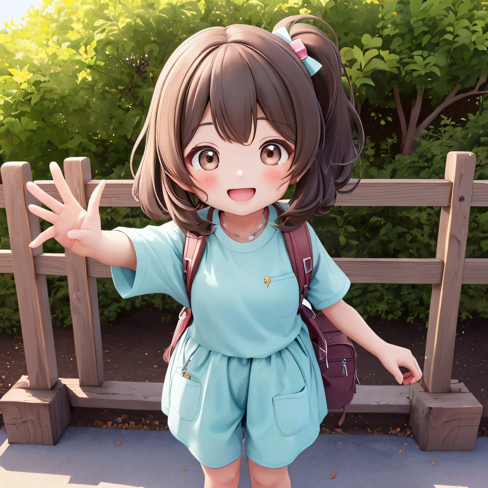 1girl, takagisan, , brown eyes, brown hair, ponytail, forehead, t-shirt, short shorts, smile, standing, grass field, day <lora:Takagi-san:1>