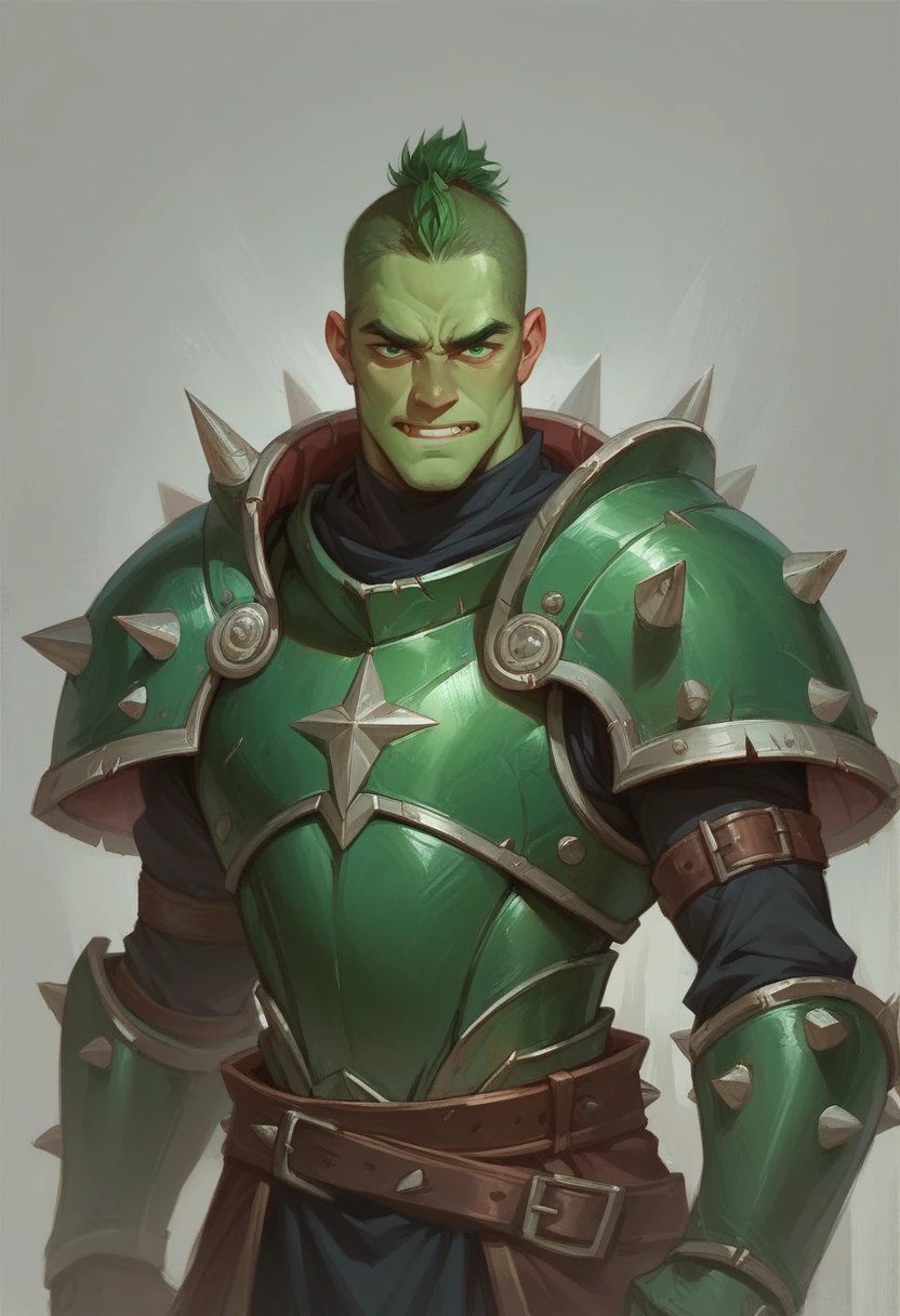 Verdant has greenish skin and his eyes are a bright green.. He wears bright green armor and wears a spiked hood.. His appearance is intimidating and he has a mischievous smile on his face..