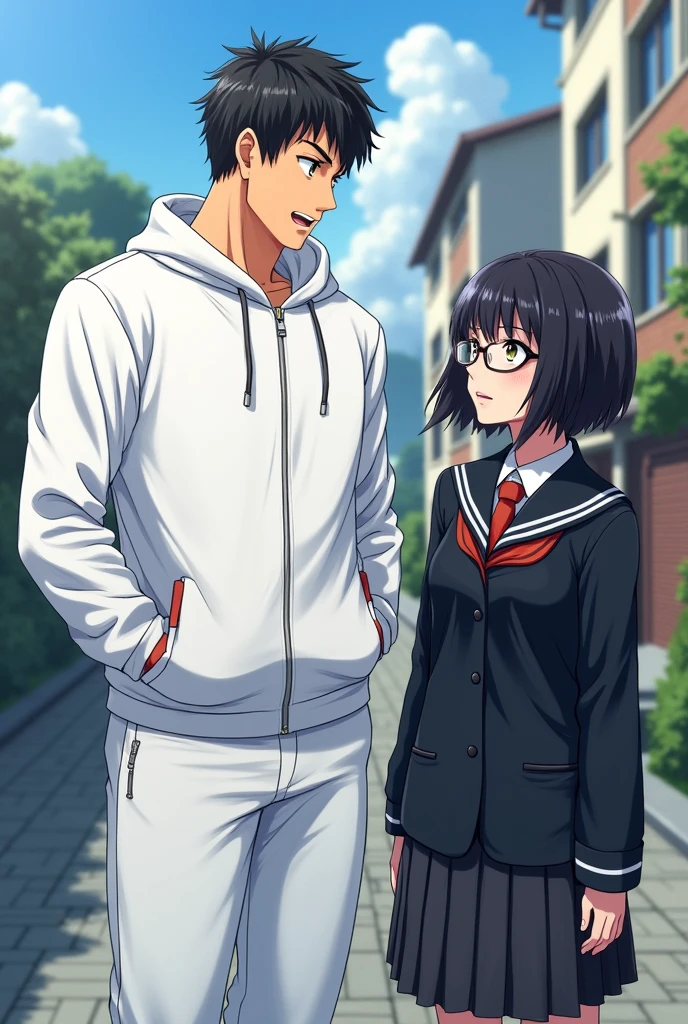 A man in a white gym suit talking to a woman with glasses and short hair in a black Japanese school uniform. Japanese anime.