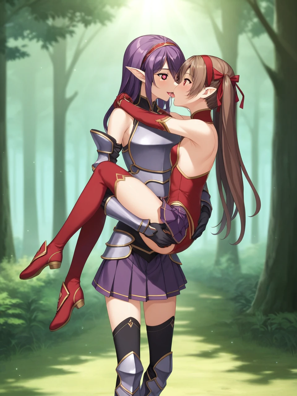 2 girls, 1 futa, 1 female, silicabase, brown hair, short twin tails, red eyes, armor, pleated skirt, thigh-highs, bare shoulders, breastplate, hair ribbon, red clothing
BREAK, smile, heart shaped pupils
outdoors, dense forest, dappled sunlight, depth of field, cinematic, game cg, anime screencap, official art, masterpiece, best quality
yuukibase, purple hair, long hair, red eyes, pointy ears, hairband, armor, breastplate, detached sleeves, leotard, purple skirt, bare shoulders, gloves,
BREAK, full body shot, hugging, looking at each other , carrying, French kissing, open mouth, saliva
