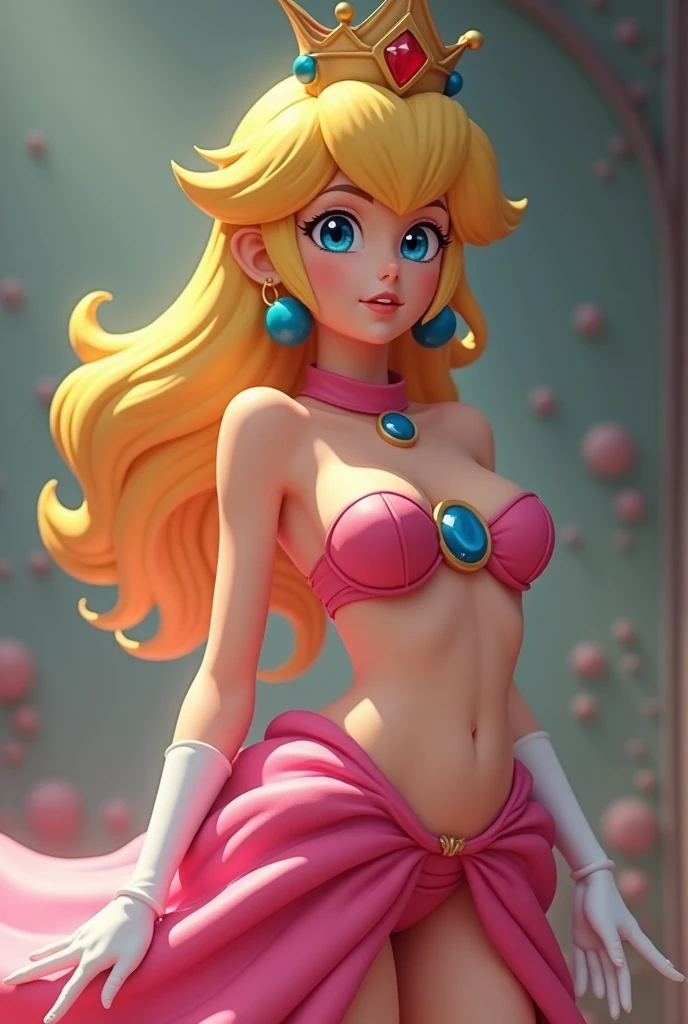 ((Princess peach from super mario bros series))(she has big glowing blue eyes)(bright red lips) (((long blonde straight hair)))(dark eyeshadows make up)((very huge breasts)) (perfect slim body) ((wear pink mini string bikini and gloves)), (crown) ((posing sexy showing backside and ass in princess peach castle)) (masterpiece, high definition, volumetric lights and dinamic shadows)((masterpiece))(8k)(perfect face)(ultra details) (perfect hands, eyes, and face)