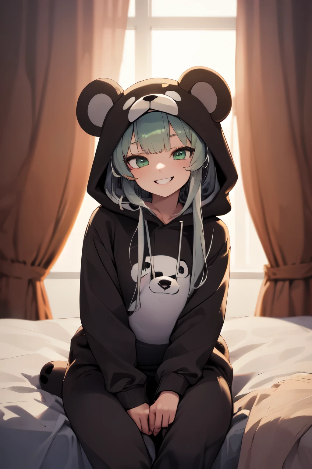 beautiful, (masterpiece), best quality, (extremely detailed face), extremely detailed eyes,  perfect lighting, OverallDetail, detailed, deep skin,textured skin,
,bear costume ,black bear costume, long sleeves, hood up,,mallow , long hair, green eyes, big smile,on bed ,sitting between pillows,
,